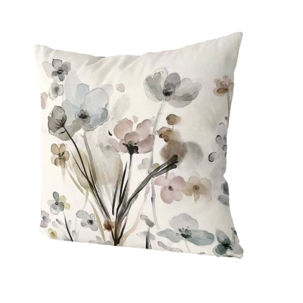 Cross-Border New Arrival Modern Simple Ink Painting Flower Linen Holding Head Cover Plant Office Sofas Cushion Pillow Cover