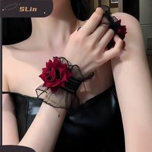 暗黑系lolita洛丽塔蕾丝手腕套手袖女酒红色玫瑰花礼服袖套气质女