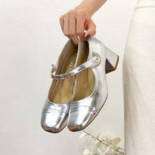 银色单鞋女2024夏季新款高跟鞋法式晚风粗跟方头浅口小码玛丽珍鞋