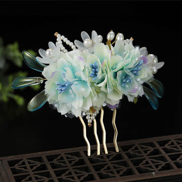 古风头饰蓝色绢花发饰套装古典花朵流苏发夹簪子古典旗袍配饰汉服