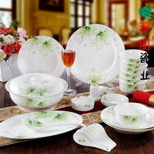 景德镇56头瓷器骨瓷餐具套装碗碟盘 绿相约56头圆款标准批发