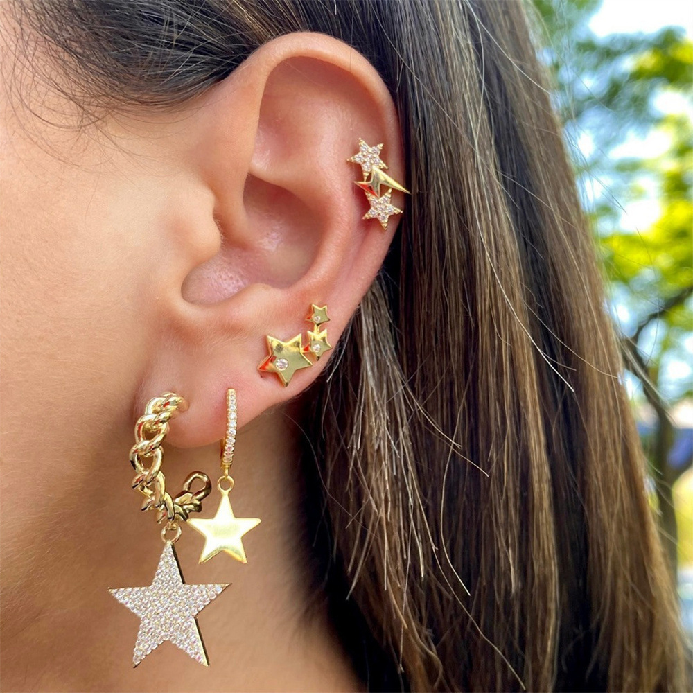 S92 Silver Needle Sweet Cool Style Personality Pentagram Earrings Suit High Sense Micro Inlaid Zircon XINGX Ear Studs Earrings