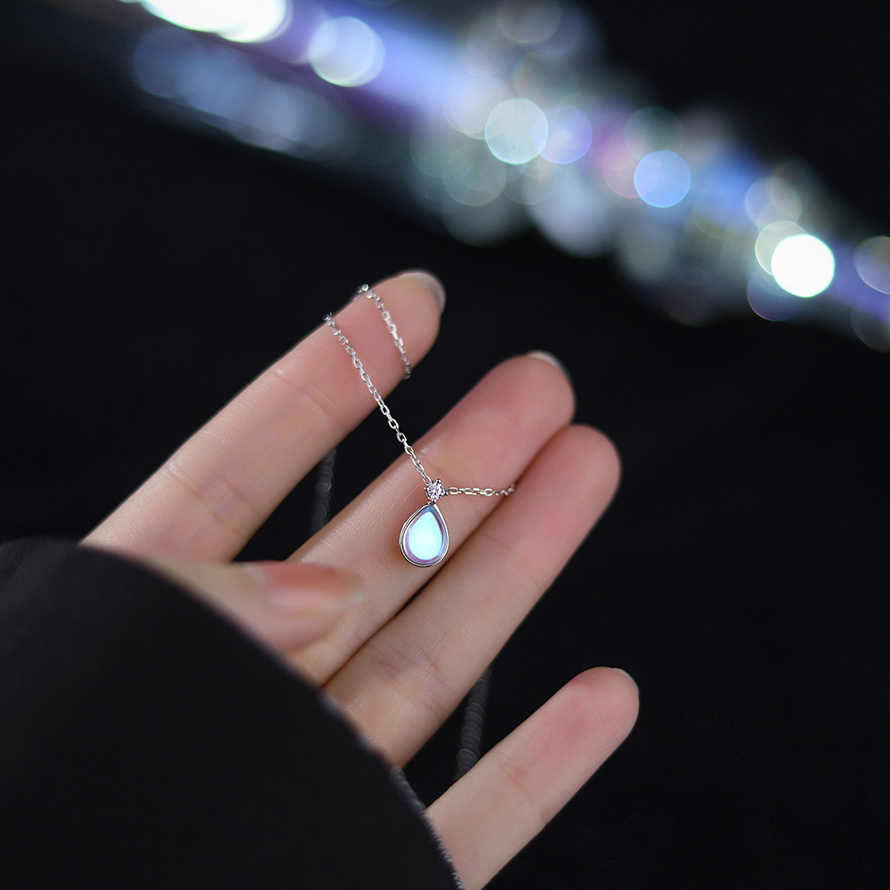 银圳韩国s925纯银水滴项链女月光石吊坠锁骨链小众设计感轻奢气质