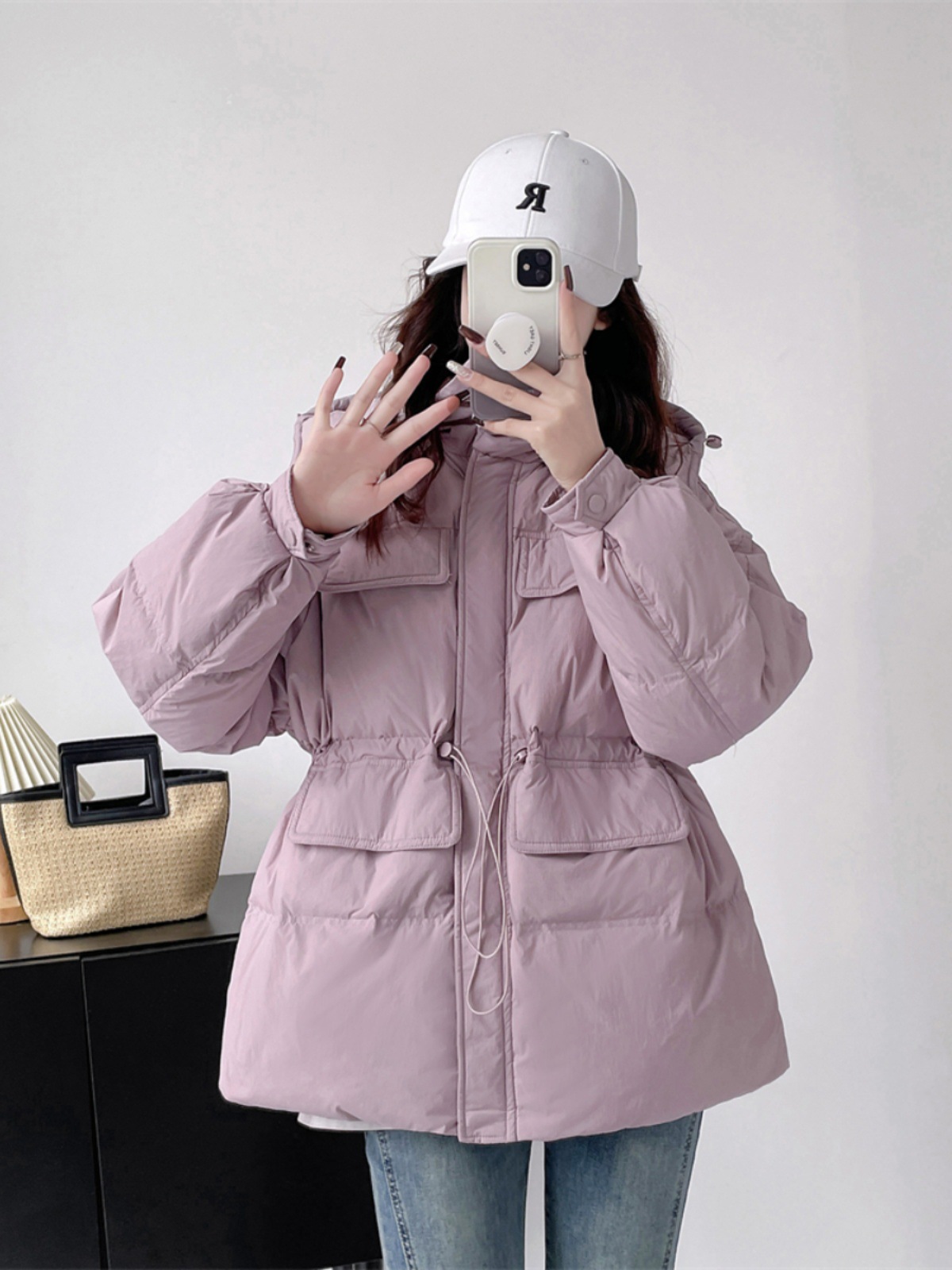 2023年新款韩系收腰羽绒服女中长款冬季白鸭绒连帽立领保暖外套冬