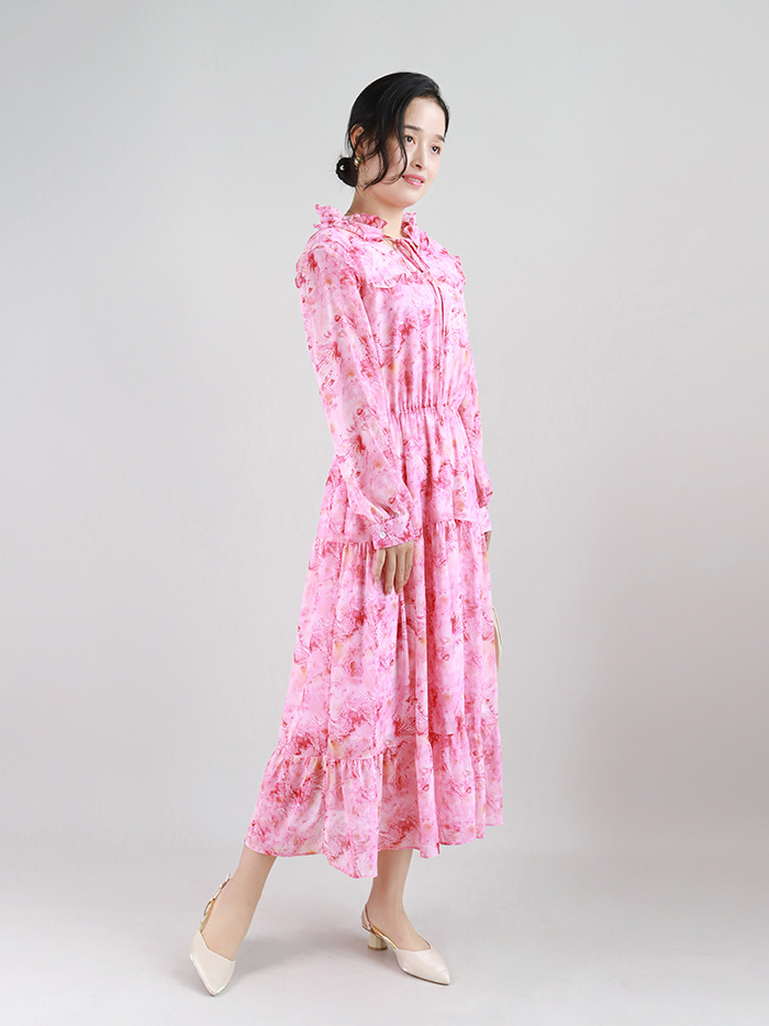 高端连衣裙2022春季度假风蛋糕裙粉色樱花压褶设计大摆长裙沙滩裙