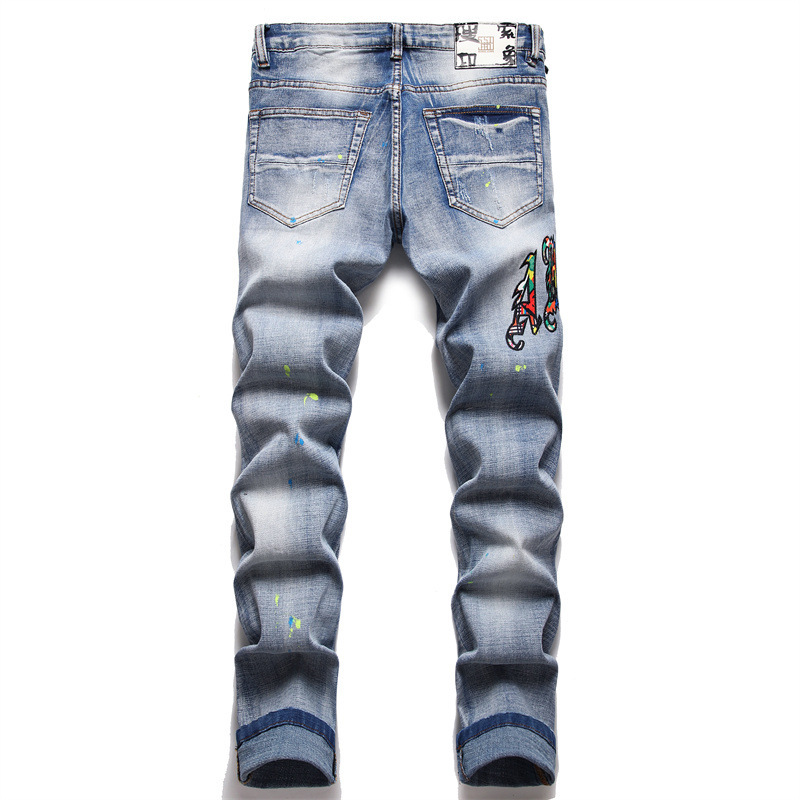   Men's Pants Autumn eisure Spot Cotton Elastic Men's Trousers Hole Patch Embroidered Skinny Jeans 3219