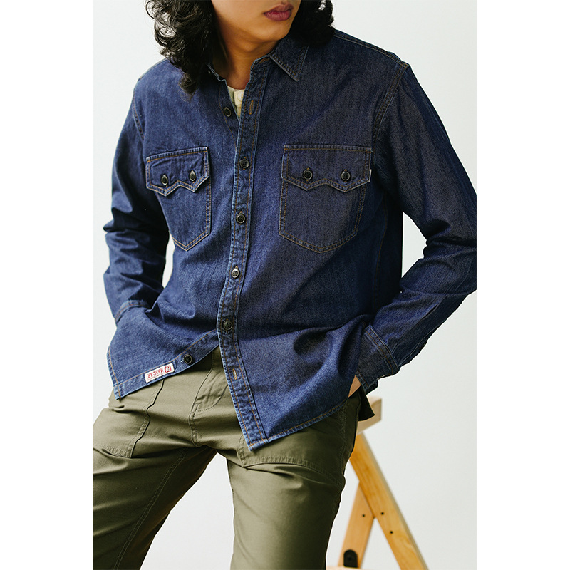 美式复古西部牛仔工装长袖衬衫 做旧工艺水洗牛仔衬衣mbbcar窄幅