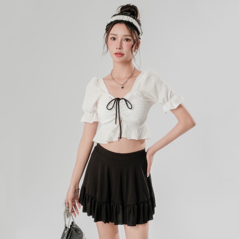 2024年新款温泉泳衣女士荷叶边纯色分体裙式保守时尚性感清新可爱