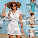 欧美夏季新款沙滩裙女纯色性感针织镂空沙滩比基尼泳衣罩衫防晒服
