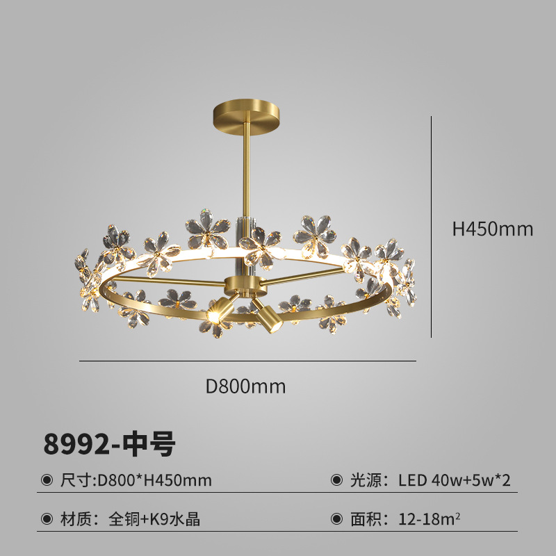 All Copper Crystal Living Room Chandelier Nordic Post-Modern Simple and Light Luxury Restaurant Flower Crystal Personalized Bedroom LED Lights