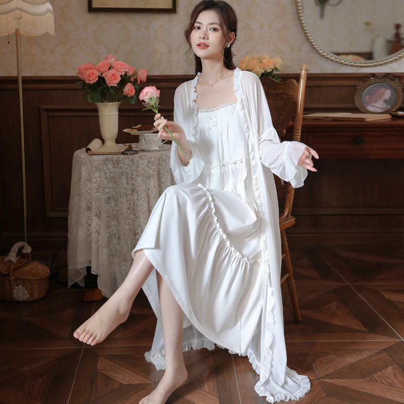 Long Sleeve Nightgown Women's Autumn Suspender Skirt with Chest Pad Court Style Pajamas French Mesh Morning Gowns Outerwear Homewear Suit