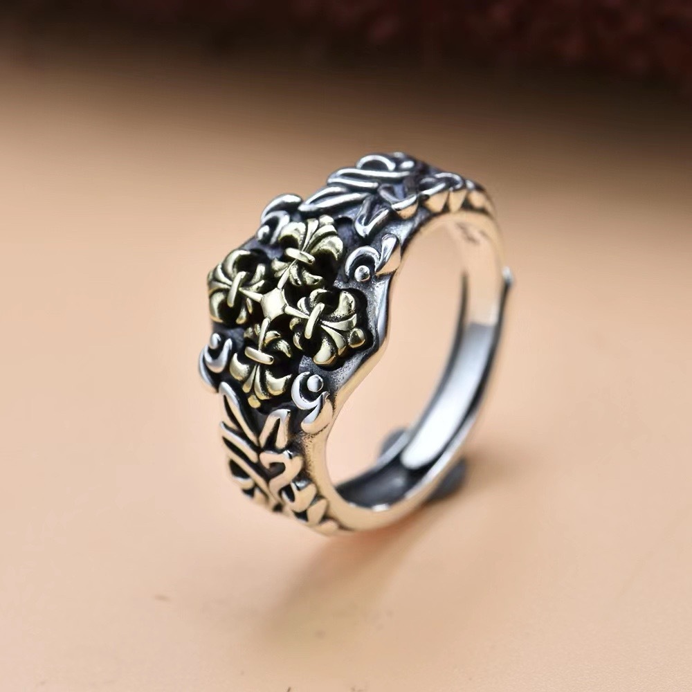 新款韩版s925银复古泰银十字架戒指男士戒指男个性潮人霸气单身日