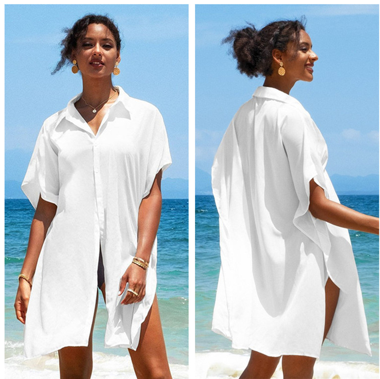 2023新款欧美衬衣式沙滩罩衫海边度假防晒衫性感宽松比基尼外罩衫