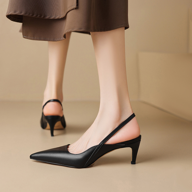 女鞋2024春夏季新款鞋子尖头细跟高跟鞋包头后空正装通勤松紧凉鞋