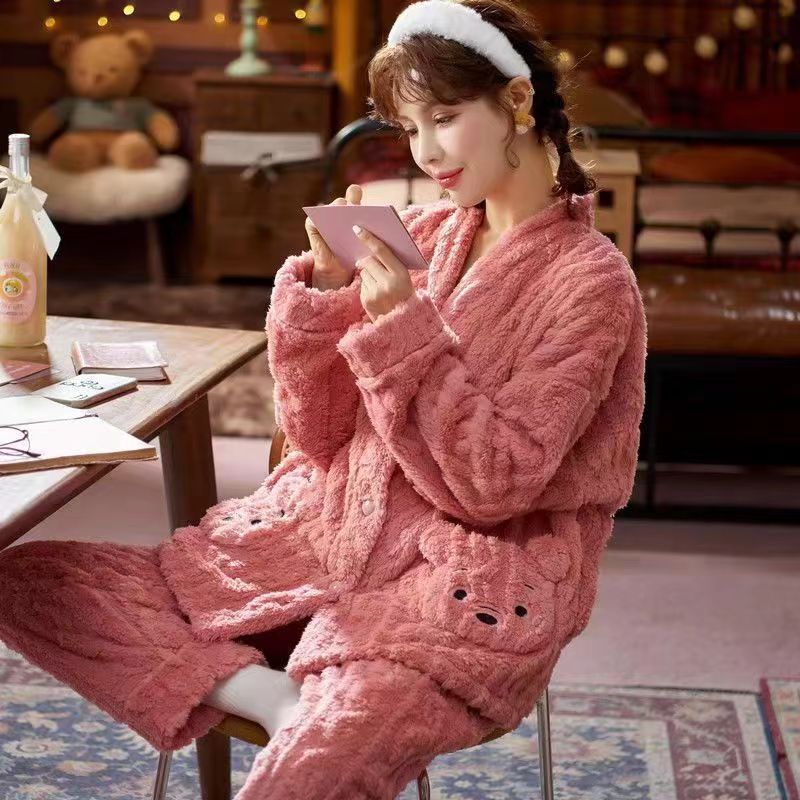 珊瑚绒睡衣冬季女款加绒加厚秋冬天法兰绒网红风女士家居服套装