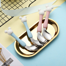 304不锈钢餐具儿童学吃饭弯头勺子套装可爱卡通婴儿训练弯曲饭勺