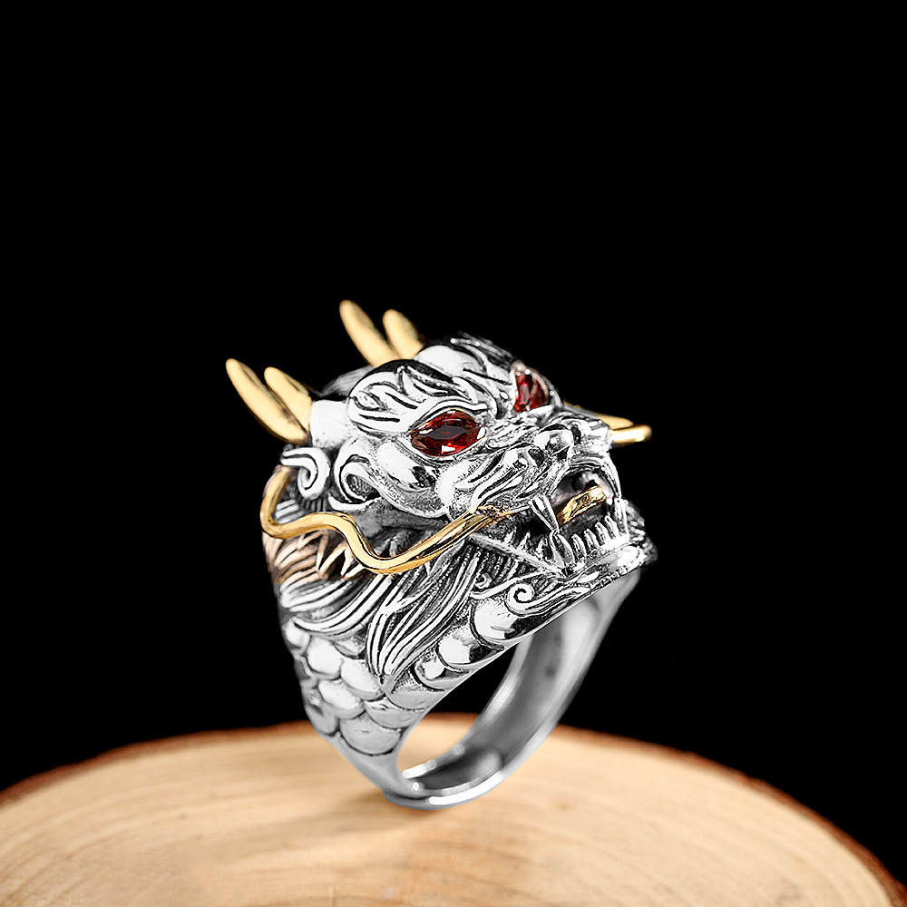 人品银品泰银精工手饰s925银个性男士龙戒指做旧复古指环本命年