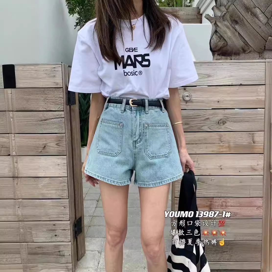 youmo有陌高腰口袋牛仔短裤女2024夏季韩版百搭a字阔腿热裤13987