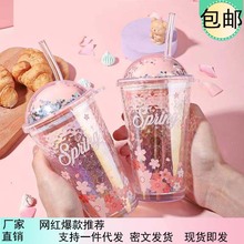 炫彩樱花杯星空盖吸管杯夏季女生吸管玻璃杯高颜值玻璃水杯礼品杯