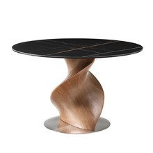 意式极简岩板餐桌圆形设计师胡桃木轻奢餐台玻璃家用现代简约别墅