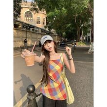 甜辣妹彩色格子吊带背心女夏季新款不规则修身收腰chic上衣