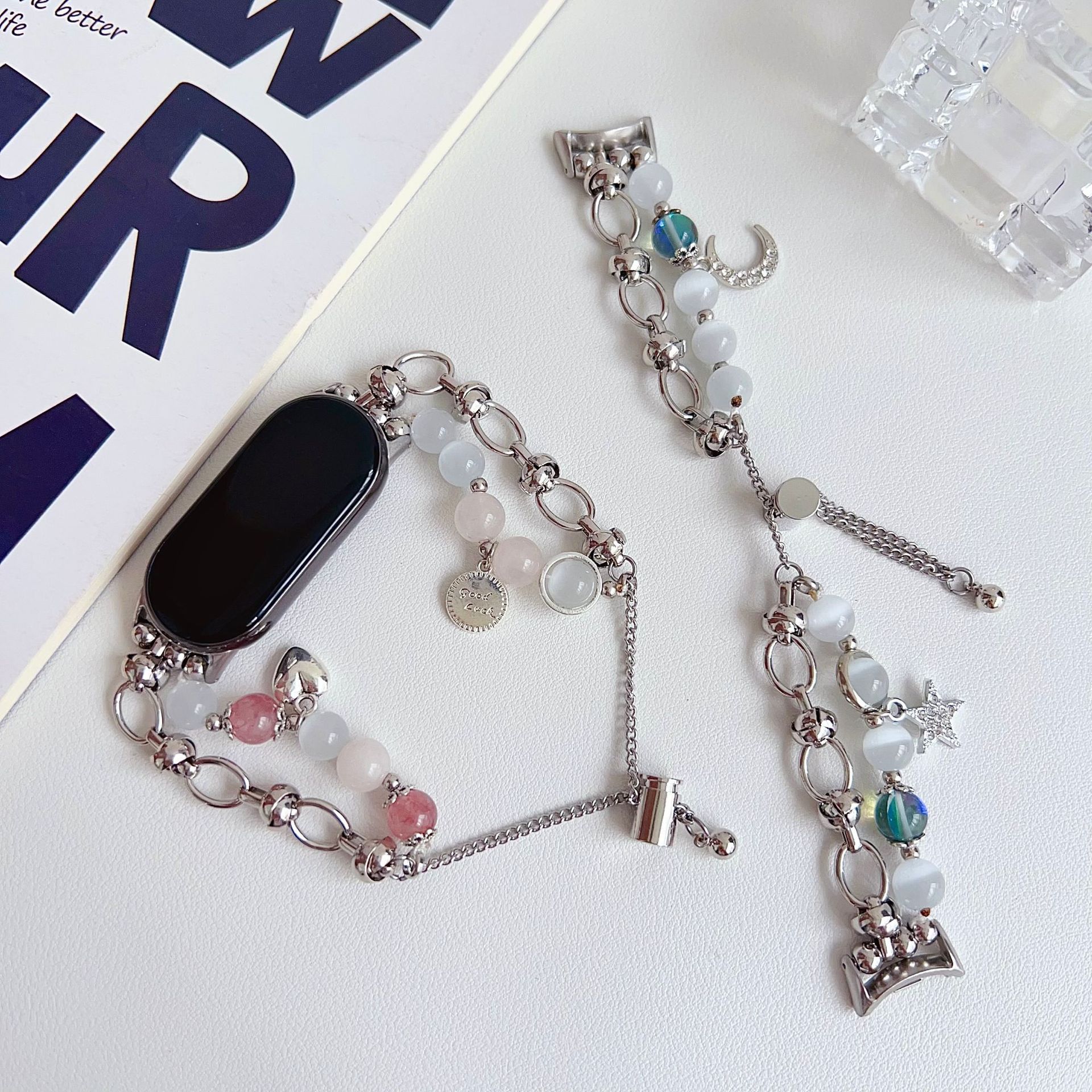 适用于小米8金属腕带 三星华为18 20 22mm彩色猫眼石手链表带