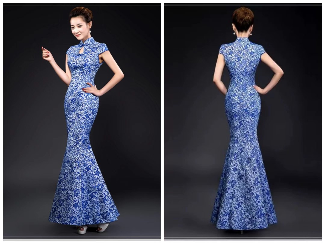 青花瓷礼服演出服宴会旗袍齐地拉链款中式妈妈装 走秀模特迎宾
