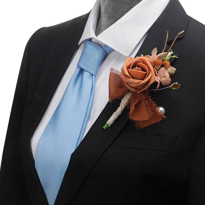 婚礼舞会胸花配饰焦橙色玫瑰胸襟花跨境结婚新郎伴郎森系胸花批发