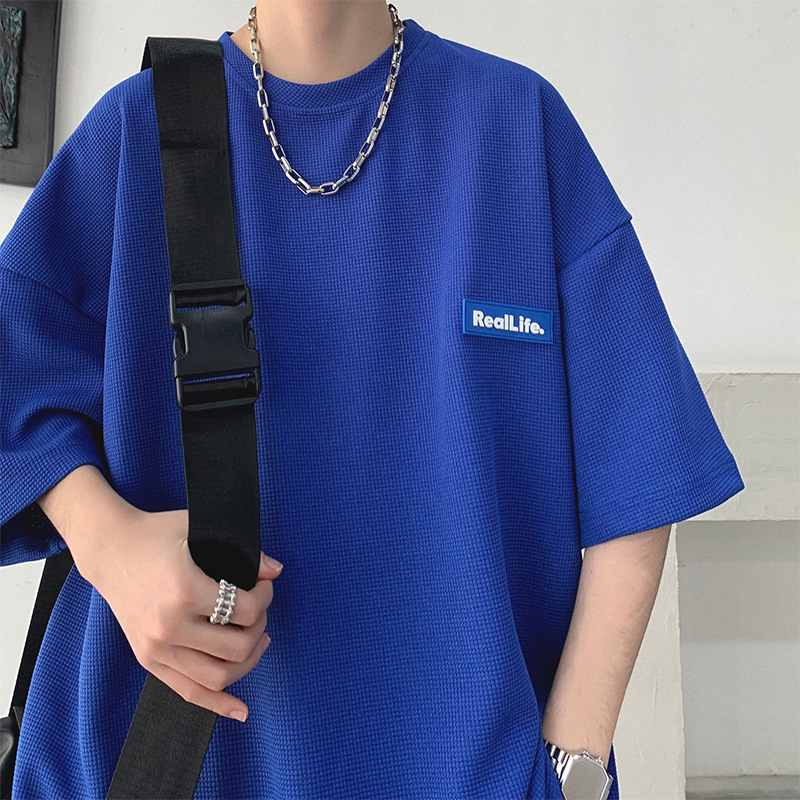 klein blue waffle heavy short sleeve men‘s t-shirt fashion brand summer fashion ins loose large size oversize