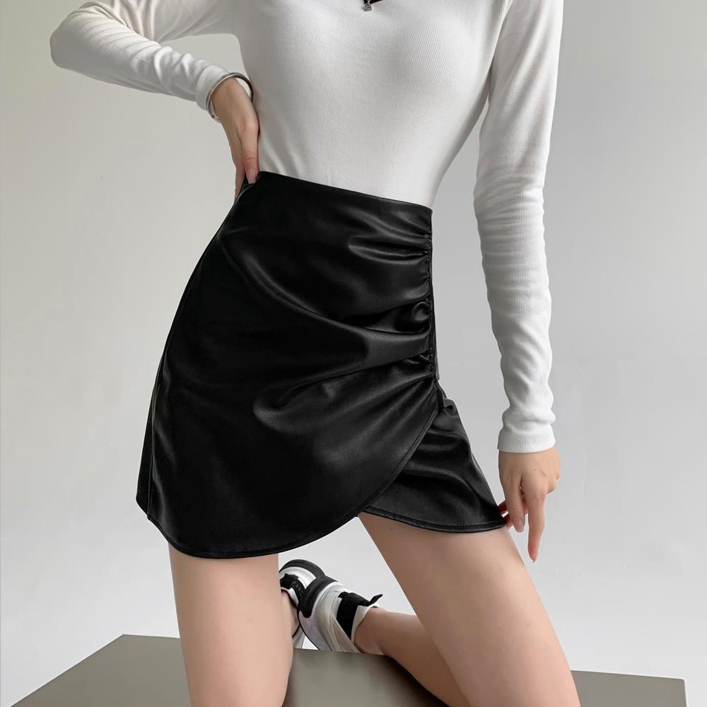 不规则皮裙女秋冬高腰皮短裙包臀a字半身裙黑色裤裙小裙子早秋季