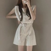 韩国夏季法式复古时尚无袖背心+高腰阔腿短裤两件套休闲套装