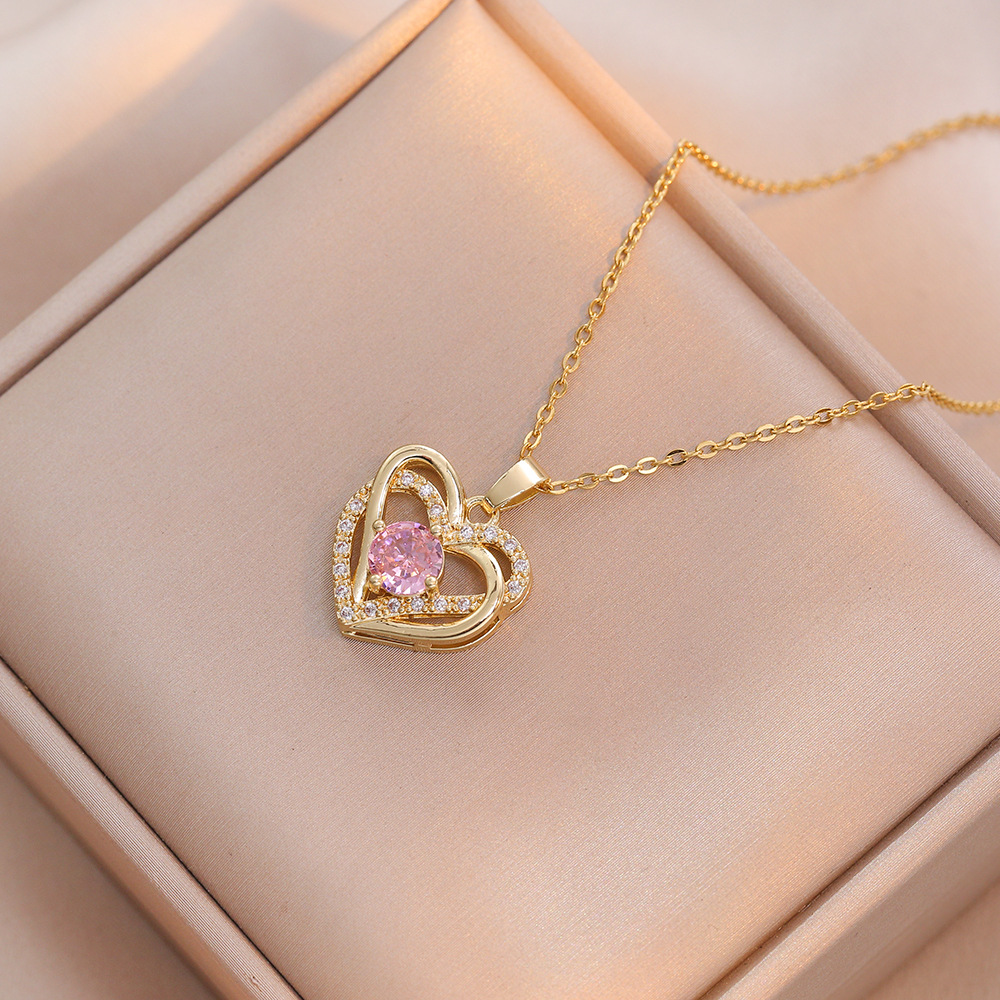 项链女 小众设计感锆石双爱心项链时尚简约气质日韩网红款锁骨链