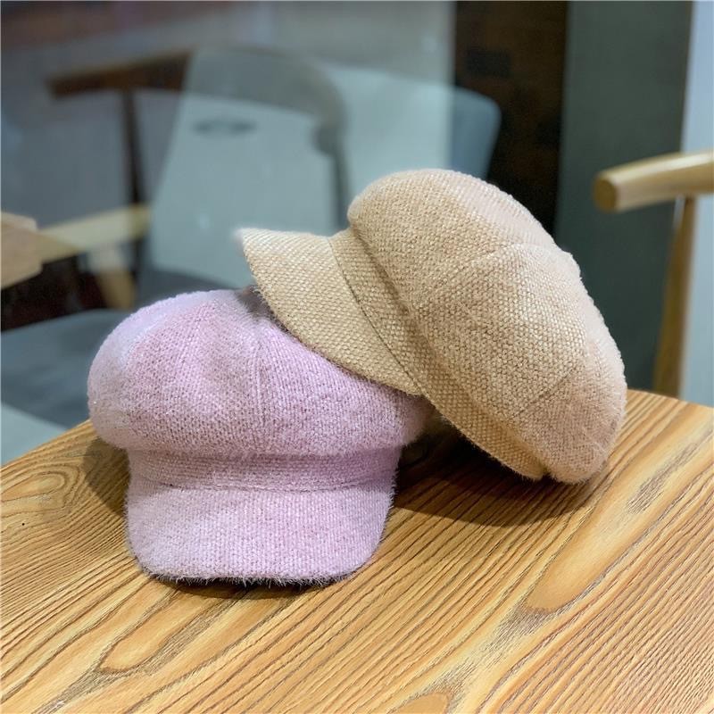 New Chenille Octagonal Cap Peaked Cap Female Korean Style Versatile Autumn and Winter Hat Warm Female Solid Color Pumpkin Beret Tide