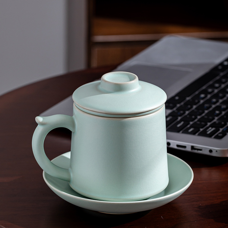 龙雀汝窑办公杯领导杯开片茶水分离泡茶杯带盖过滤陶瓷杯大容量