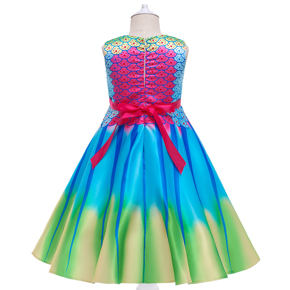 童装美人鱼女童连衣裙彩色渐变印花无袖长裙舞蹈表演服演出服走秀
