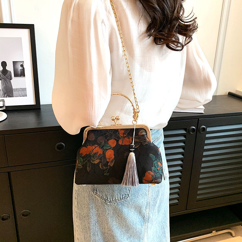 女士手拿包软皮新款香云纱柿子图案旗袍包中式妈妈包斜挎手提代发