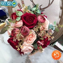 手捧花新娘结婚仿真花婚礼韩式森系高级感拍照道具红色绒布玫瑰跨