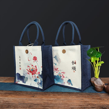 复古荷花麻布袋国风莲花帆布袋伴手礼品袋茶叶包装袋小清新棉布包