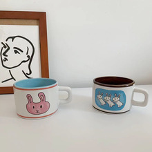 日式简约手捏绘彩ins兔子陶瓷马克杯早餐咖啡杯子女可爱一对水杯