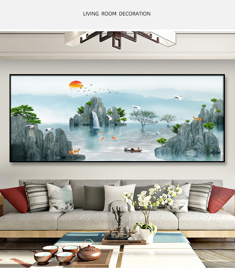 新中式山水画客厅装饰画 沙发背景墙壁画挂画 横版大气壁画晶瓷画