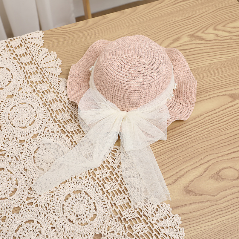 Children's Straw Hat Bag Set Summer Parent-Child Sun Protection Hat Pearl Ribbon Small Lotus Hat Baby Hat Wholesale