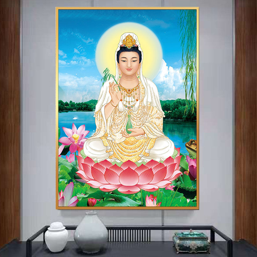 结缘三维佛祖图片送子观世音菩萨佛像家用坐莲观音佛像装饰挂画