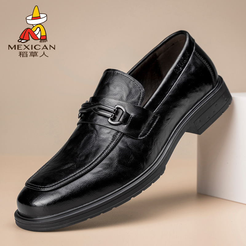 稻草人男鞋夏季透气新款男士休闲皮鞋男软底商务正装鞋豆豆鞋黑色