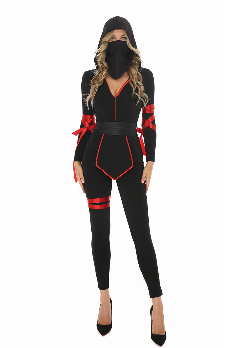 万圣节女斗士武士服装 黑红色连体火影忍者cosplay女战士游戏服