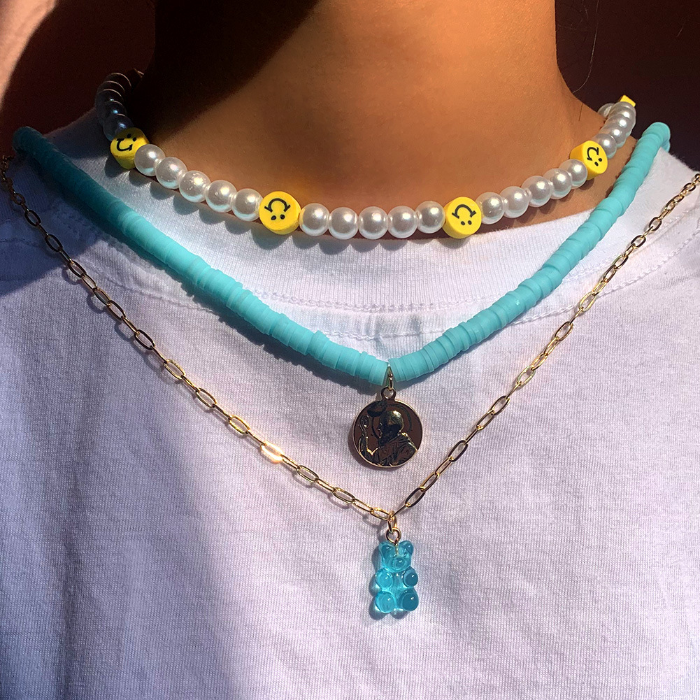 可调节女孩珠宝人头像挂坠蓝色软陶项链 可爱透明小熊坠饰项链