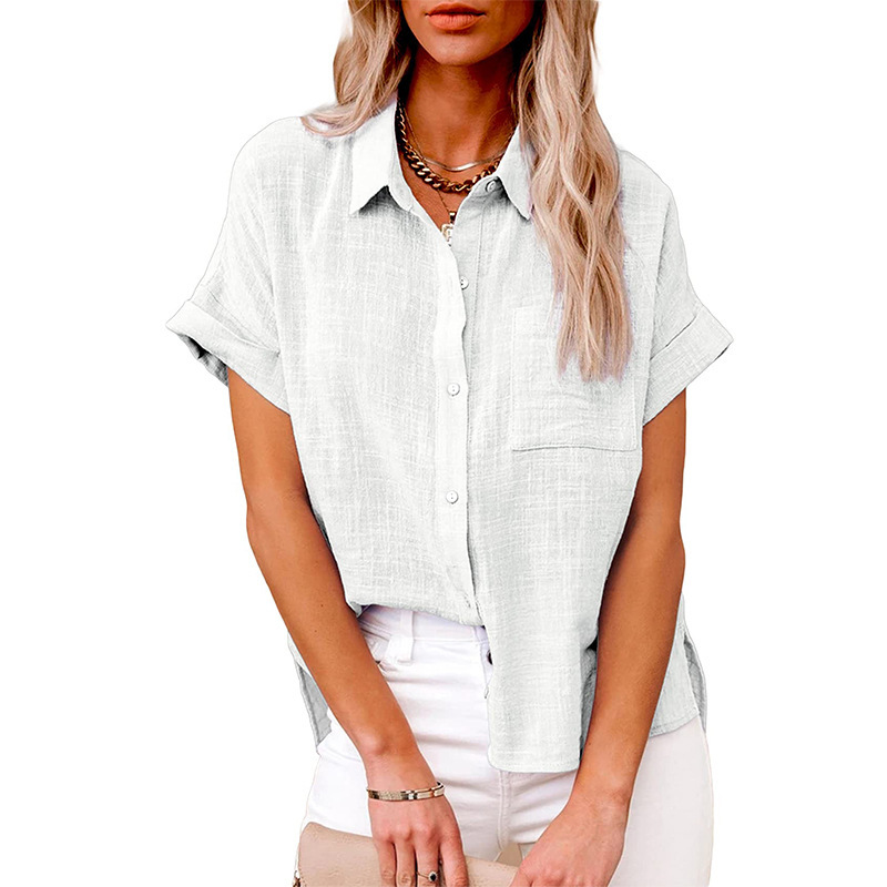 Amazon Wish2022 Summer New Europe and America Cross Border Women's Solid Color Linen Shirt Short Sleeve Casual Loose Shirt