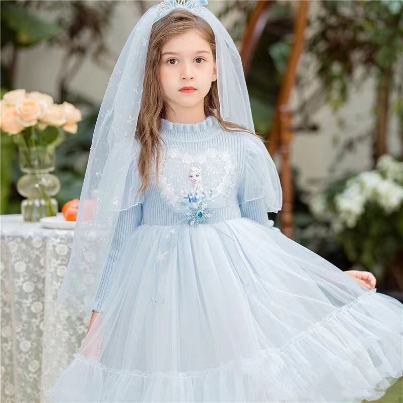 女童艾莎公主裙22秋冬新款女宝时髦网纱连衣裙毛衣裙礼服裙送头纱