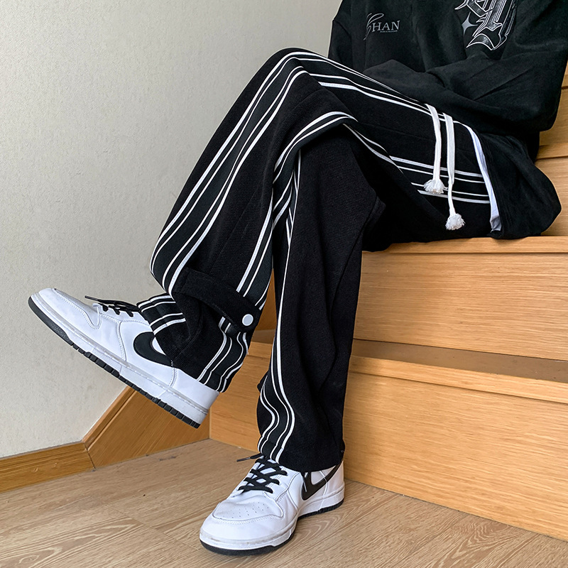   Black and White Striped Pants Men's Spring American High Street Drooping Straight Sports Pants Fashion Brand oose Wide eg Casual Trousers