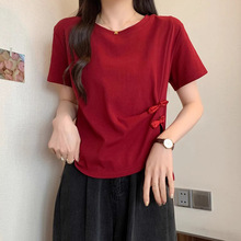 新中式国风红色正肩短袖T恤女夏季款大码胖mm盘扣小衫不规则上衣