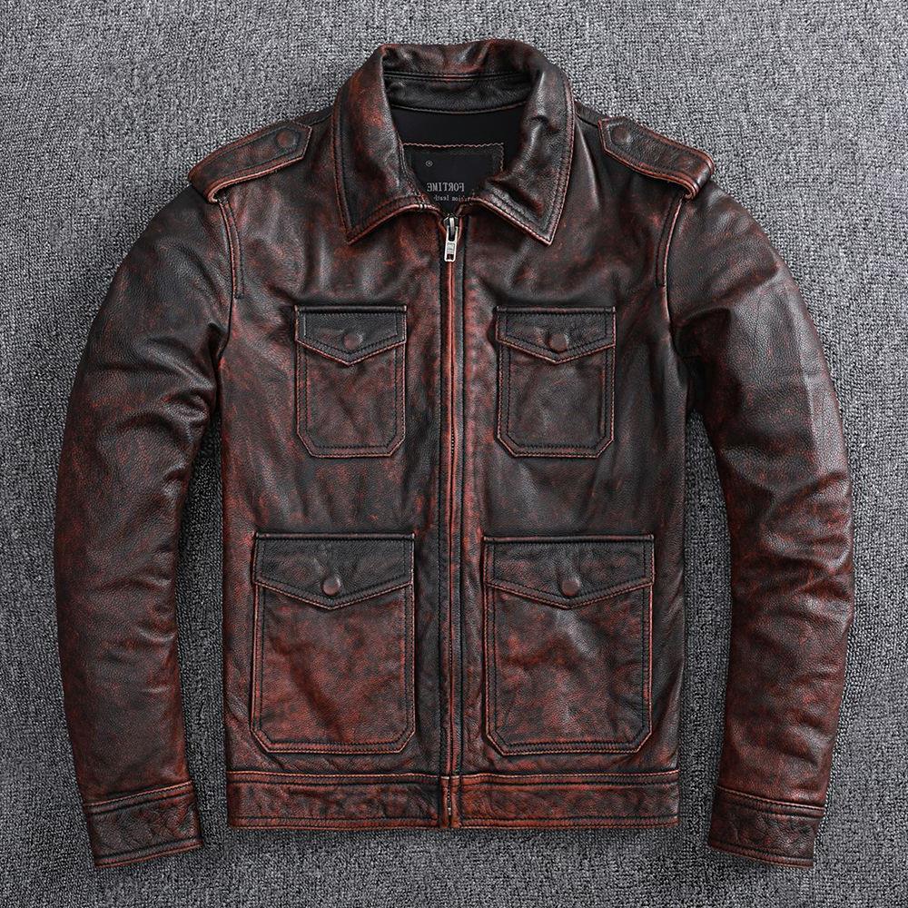 新款猎装硬汉 复古做旧 头层牛皮皮衣男翻领怀旧皮夹克外套潮